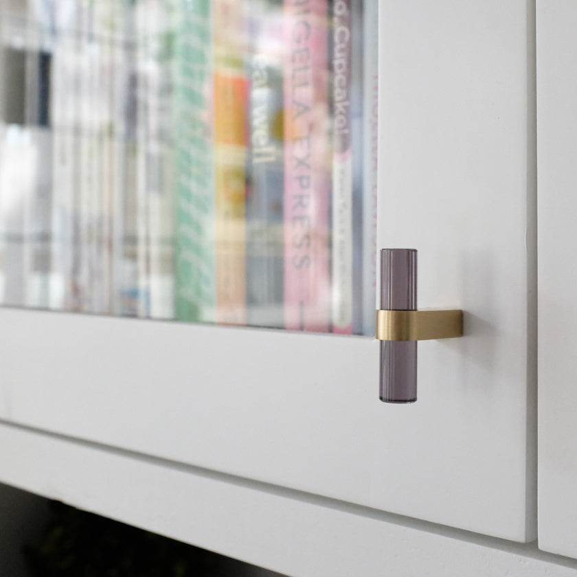Clarity T-knob in satin brass and smoke acyrlic modern cabinet hardware for kitchens and built-ins