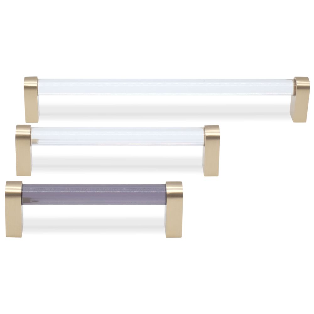 Clarity acyrlic pull - smoke and clear acyrlic bar pull in satin brass for modern drawers