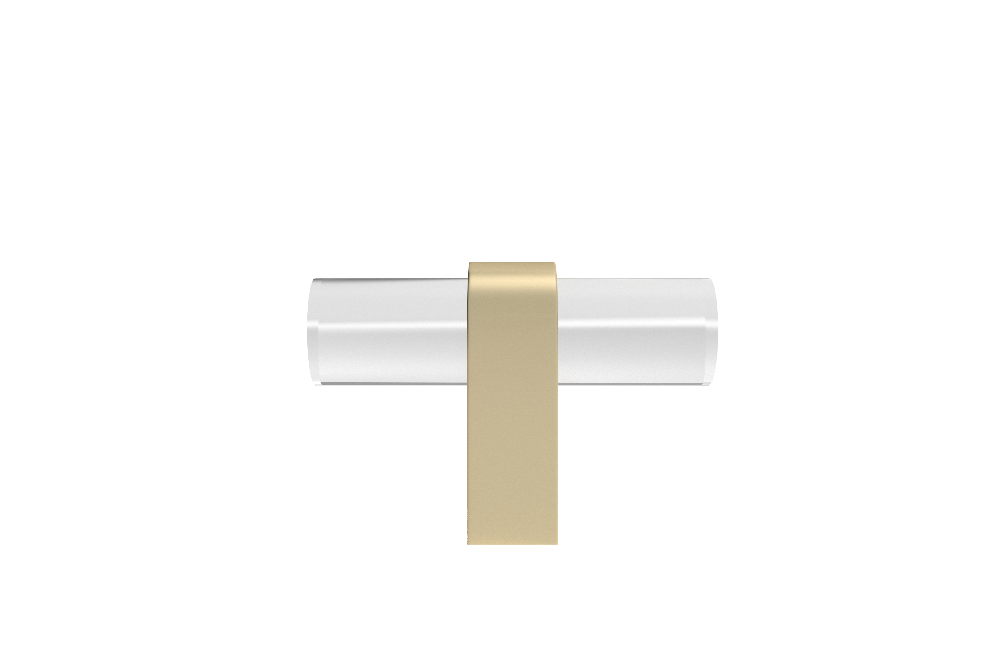 Clarity T-Knob in satin brass with clear acrylic, modern knobs for kitchens, bathrooms, and built-ins