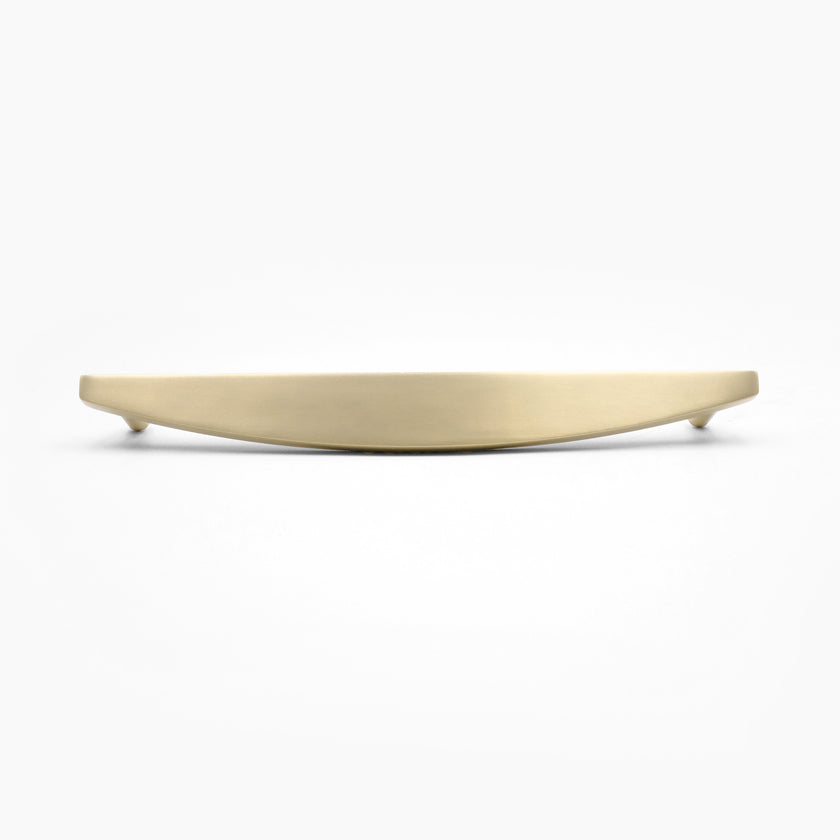 Half moon appliance pull in satin brass with contemporary curves and finishes