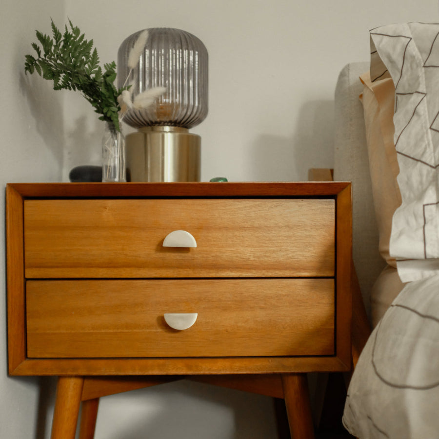 Half moon knob in satin brass for kitchen, bathroom, and built-in cabinets