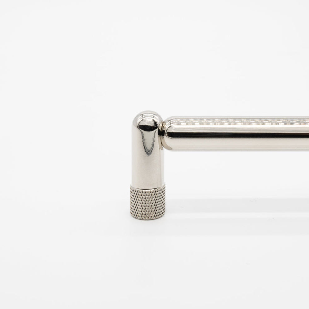 Knurled cabinet pull in polished nickel - modern hardware with industrial diamond cut grip