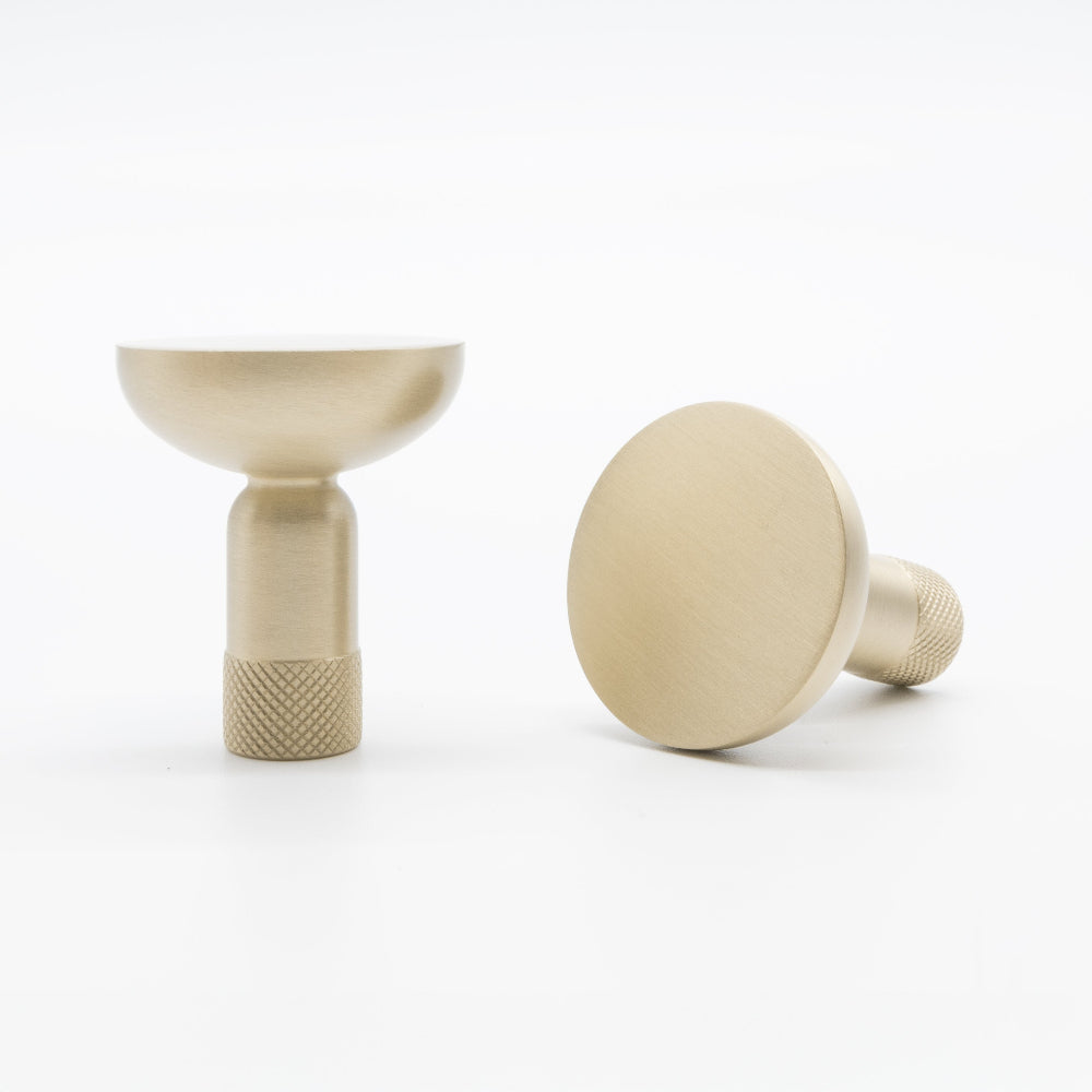 Knurled knob in gold, brass, and satin brass tones - for modern white cabinets