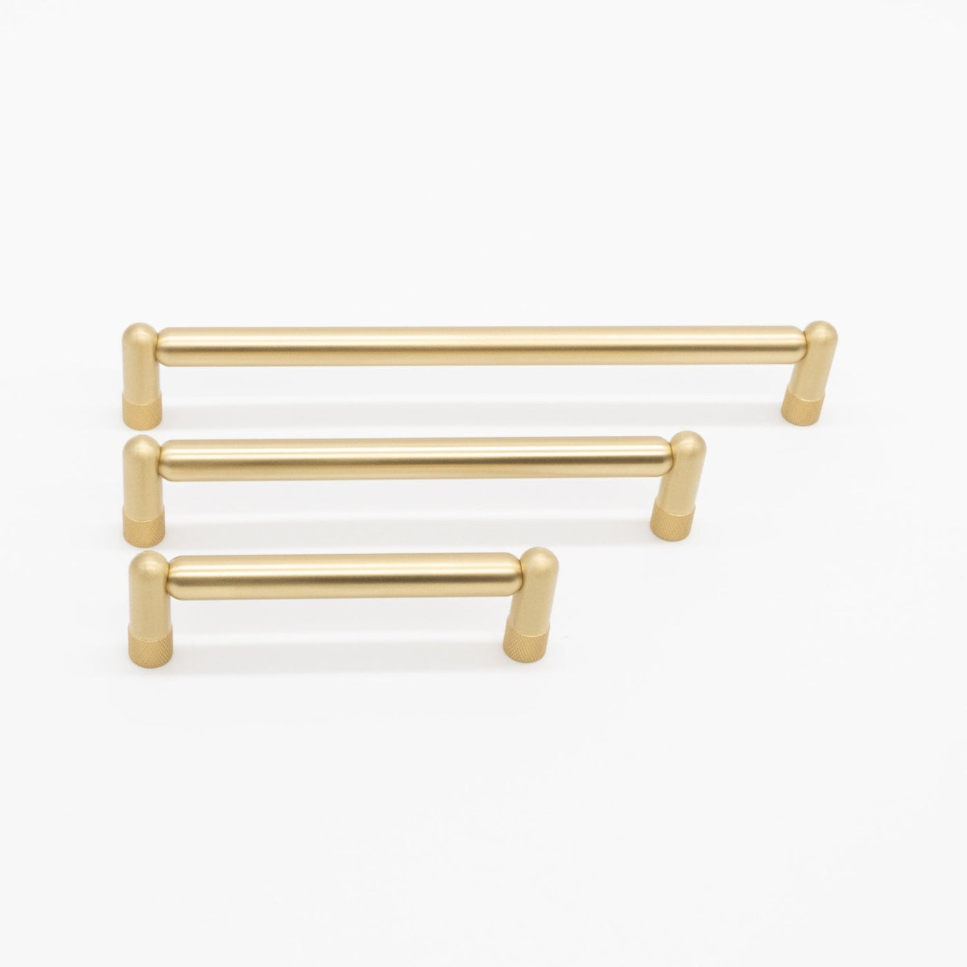 Knurled pulls in satin brass - unique texured stems on rounded bar pull
