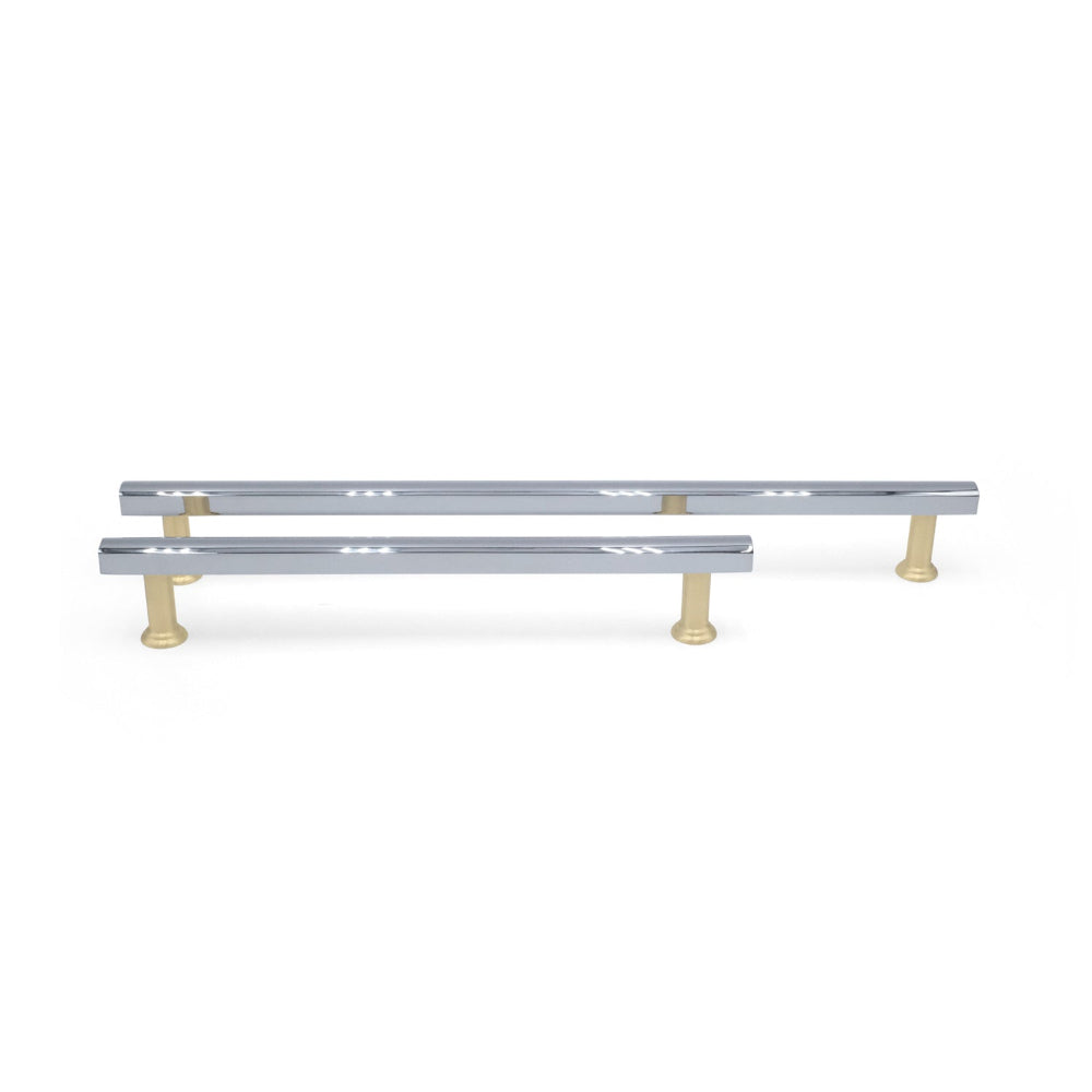 Mod appliance pull in polished chrome and satin brass for industrial contemporary spaces