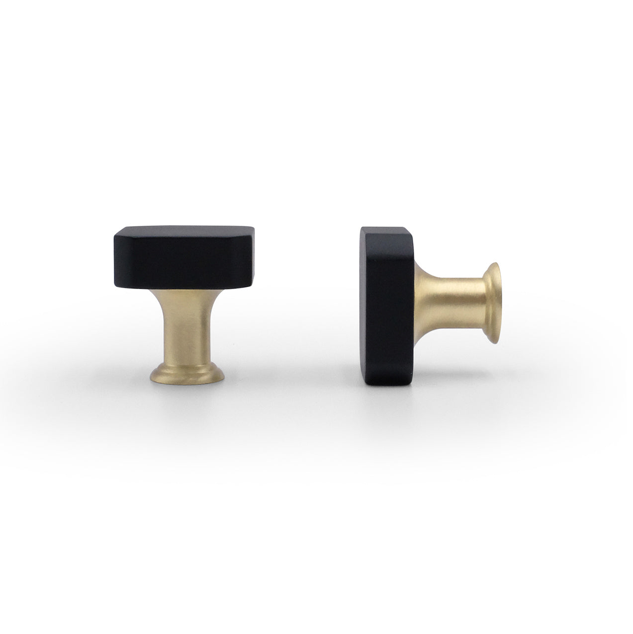 Mod knob in matte black with satin brass - transitional square hardware for shaker cabinets