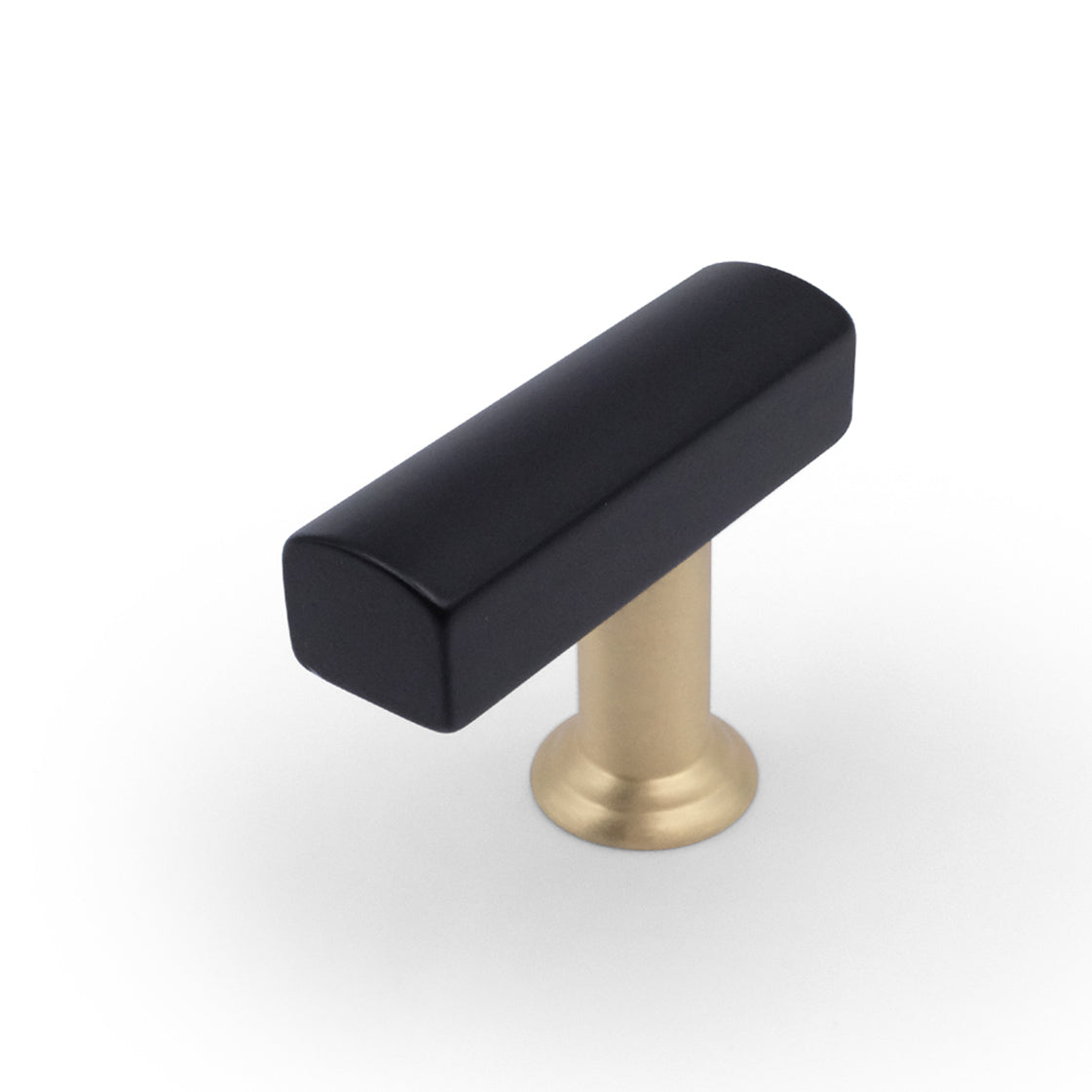Mod t-knob in matte black and satin brass - modern industrial style two-tone handle