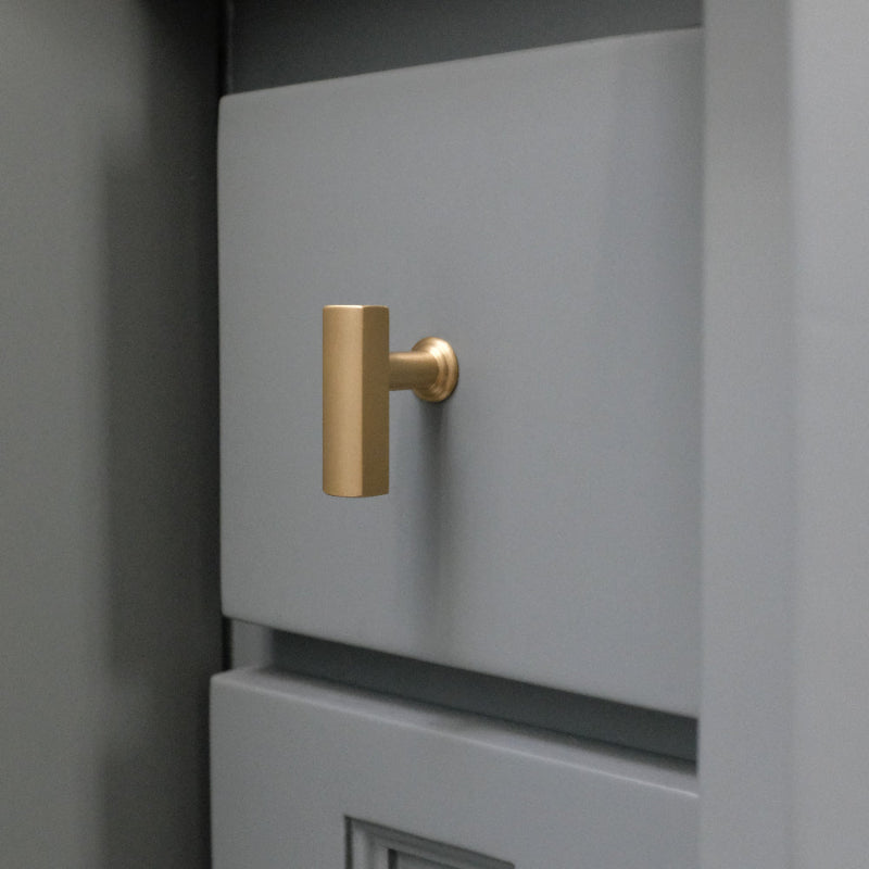 Mod t-knob in satin brass - modern hardware for kitchen aand bathroom
