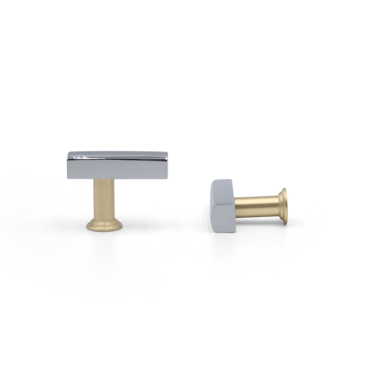 Mod t-knob in polished chrome and satin brass - contemporary two tone pulls