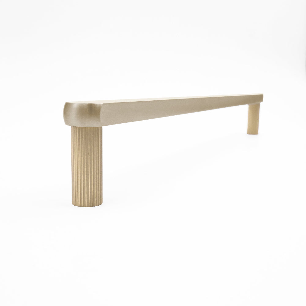 Industrial modern ribbed appliance pull in satin brass with etched stems