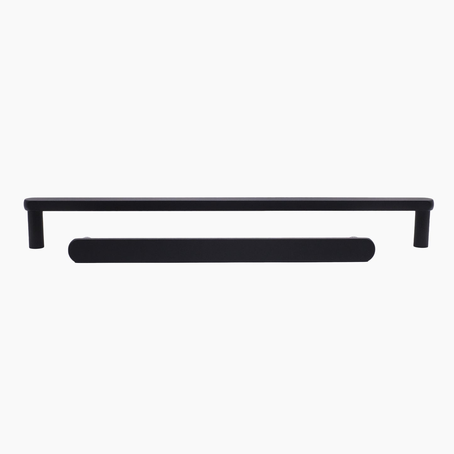 Ribbed appliance pulls in matte black with contemporary grooved stems