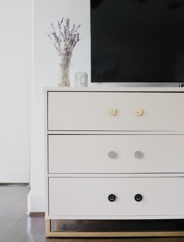 Smiley cabinet knobs in satin brass, matte black, satin nickel for modern drawers