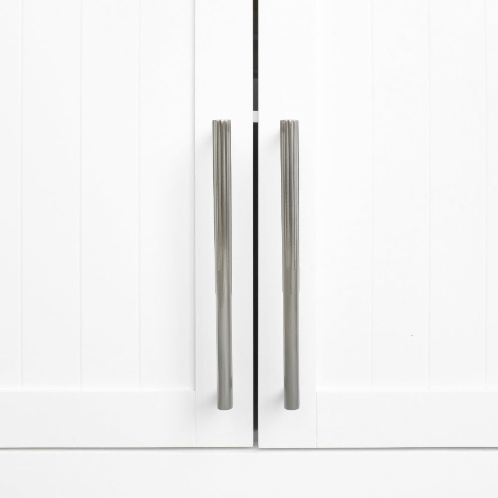 Sunburst pulls in satin nickel for modern cabinet doors and drawers