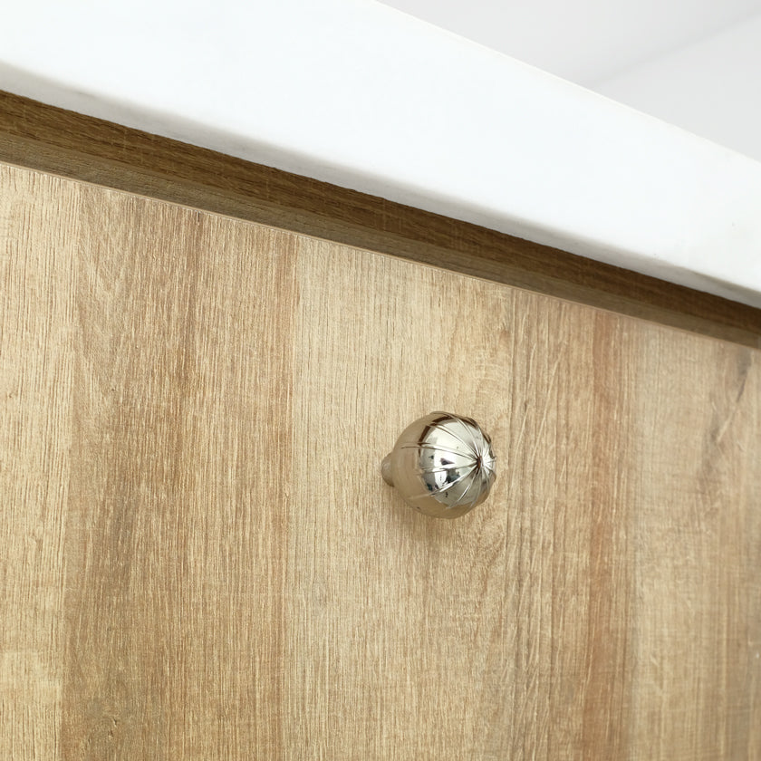 Sunburst knob in polished nickel - modern round knob with etched geometric design