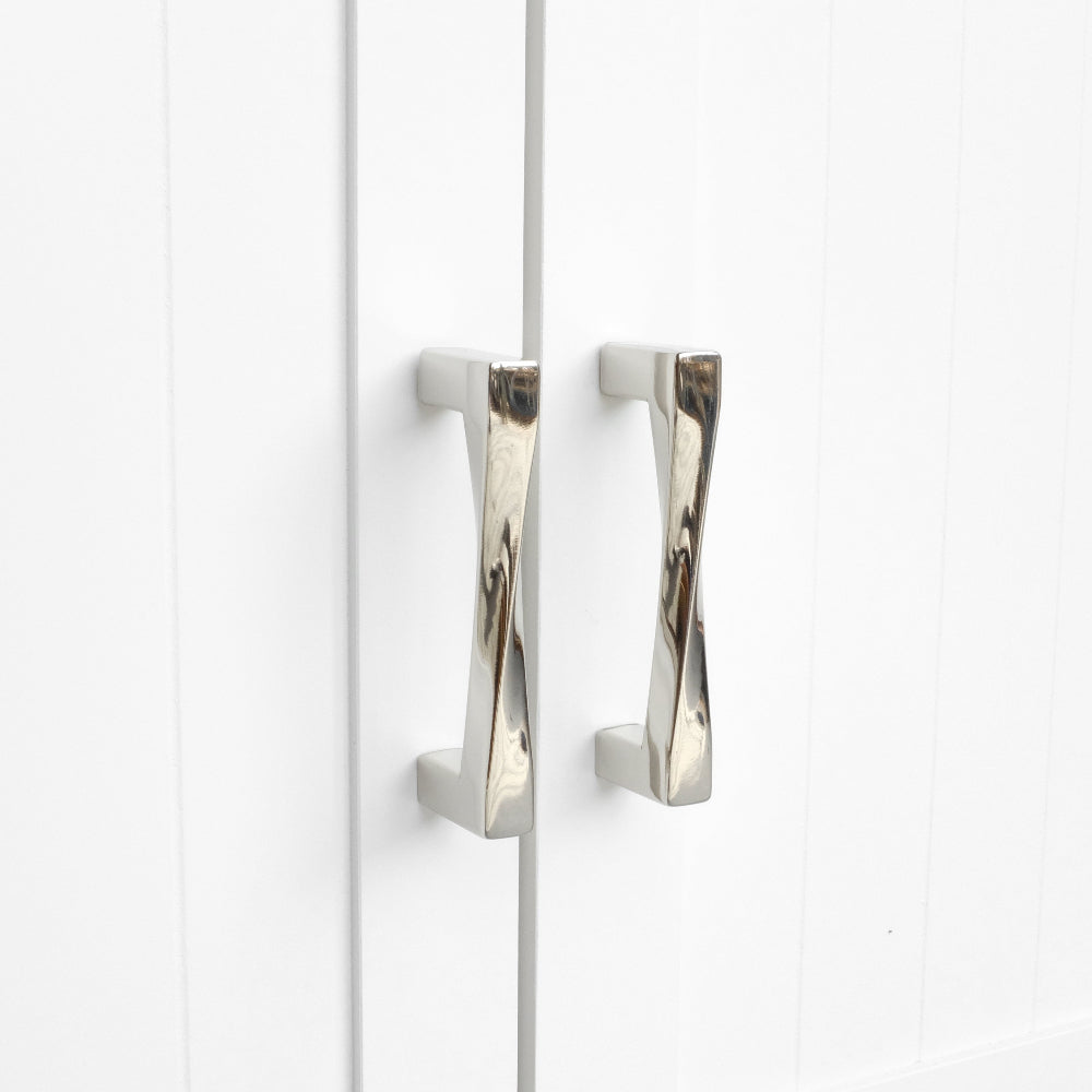 Twist cabinet pulls in polished nickel - geometric shape for modern drawers