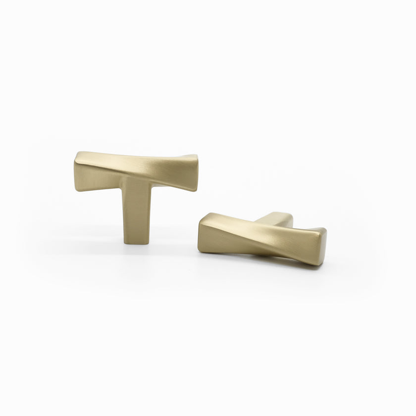 Twist t-knob in satin brass - smooth shaped texture for cabinets