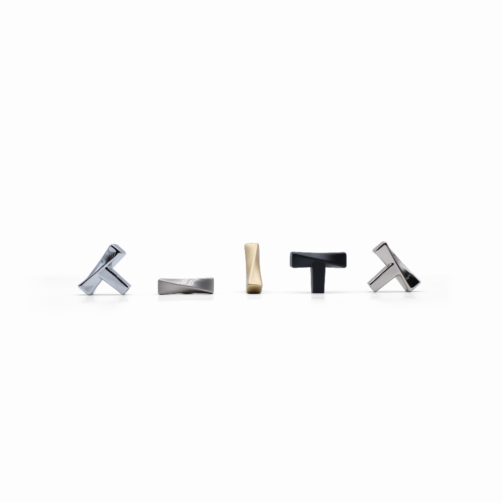 Twist t-knobs in modern finishes - cabinet hardware with geometric design