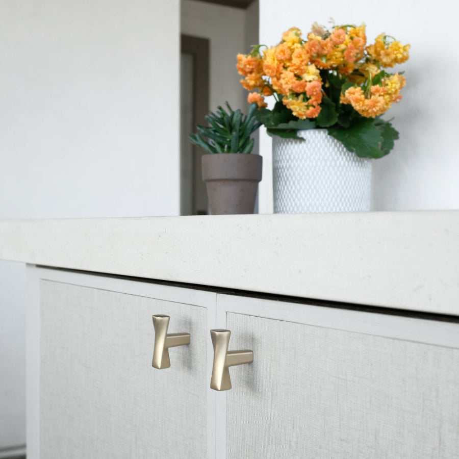 Twist t-knobs in satin brass - modern hardware for shaker and flat cabinets