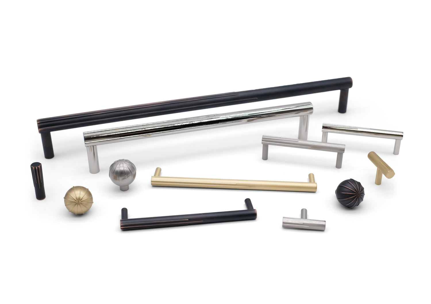 Sunburst Collection cabinet hardware – etched modern knobs and pulls in satin brass and matte black