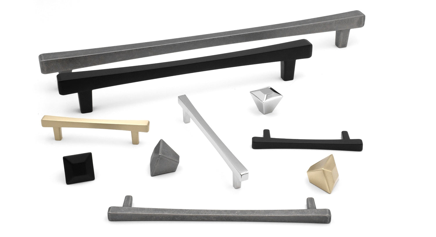 Diamond cabinet hardware in matte black, satin brass, and polished nickel – faceted brass knobs, pulls, and appliance handles.