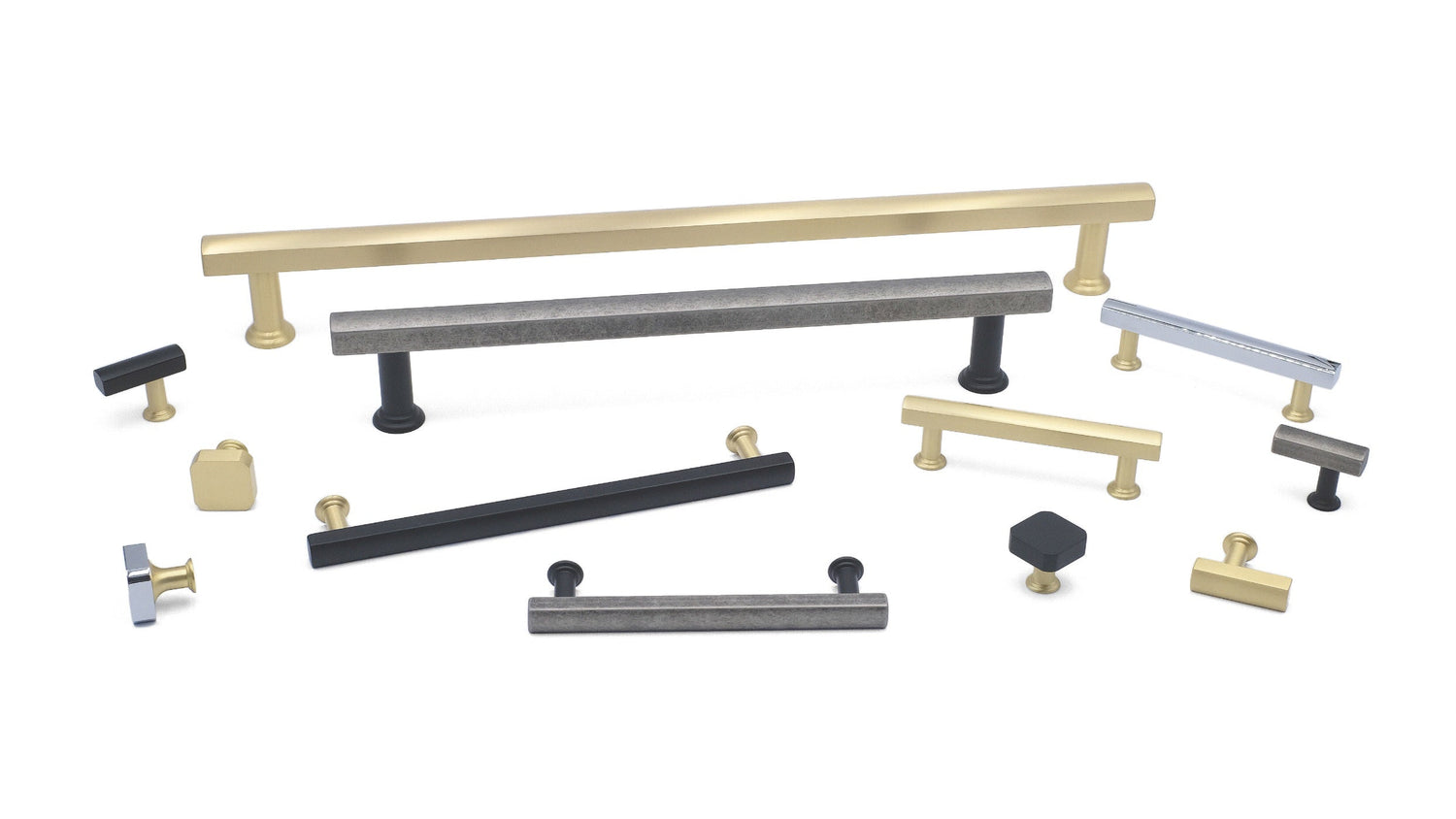 Mod Collection – modern square cabinet knobs and pulls in matte black, satin brass, and polished nickel finishes.
