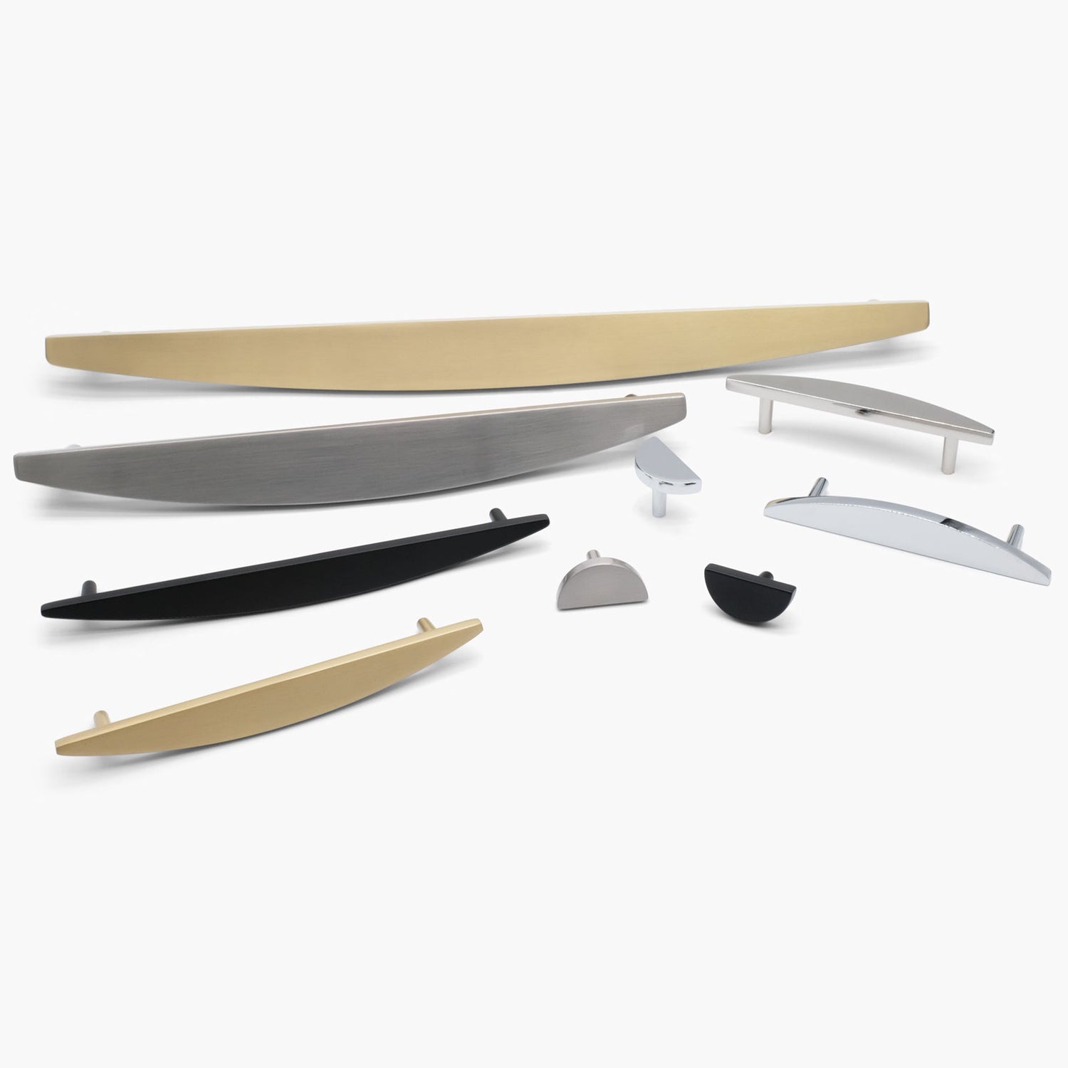 Half Moon Collection – modern cabinet pulls and knobs with curved silhouettes in designer finishes.