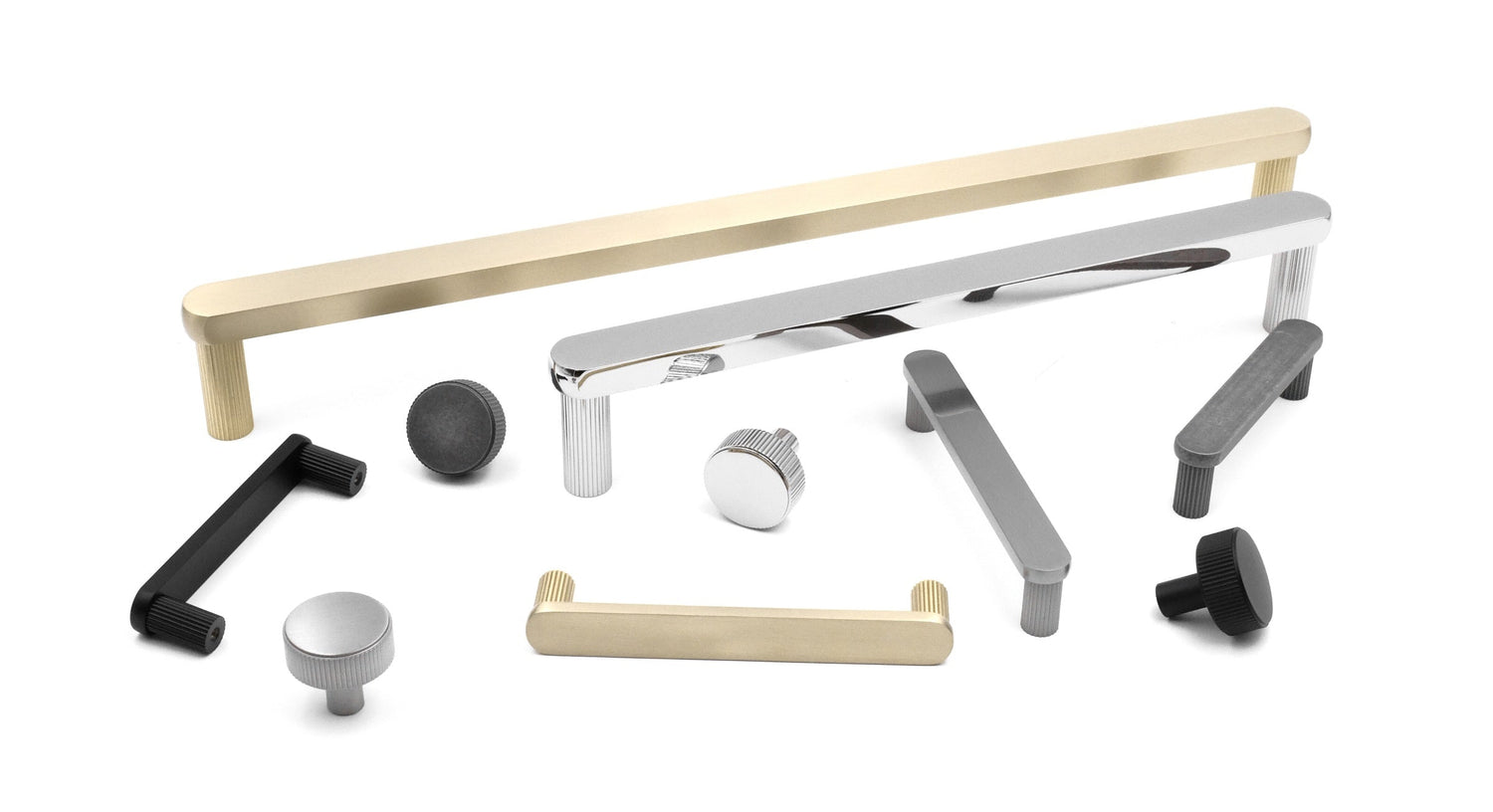 Ribbed Collection – modern cabinet knobs and pulls with grooved texture in satin brass and matte black