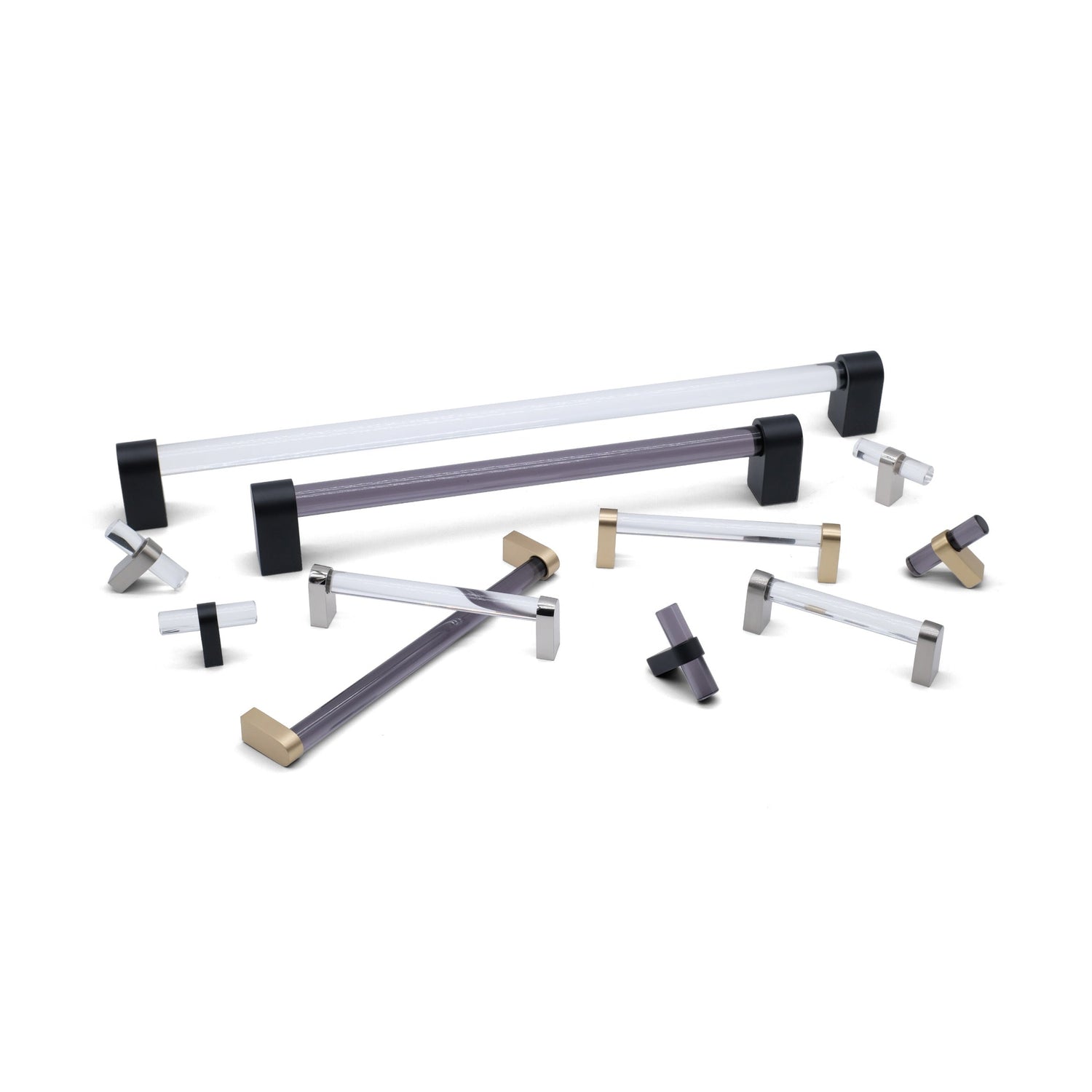Clarity cabinet hardware collection – modern acrylic pulls and knobs in matte black and satin brass