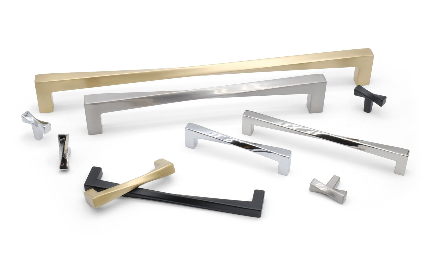 Twist Collection cabinet hardware – modern twisted brass knobs, pulls, and appliance handles in matte black and satin brass.
