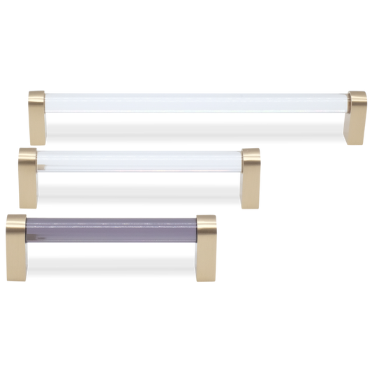 Clarity acyrlic pull - smoke and clear acyrlic bar pull in satin brass for modern drawers