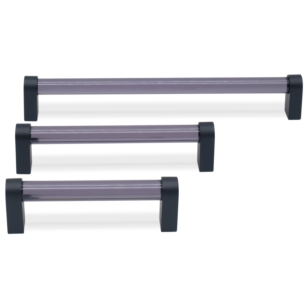 Clarity cabinet pull in matte black - dark black and gray toned handle with two-tone acrylic