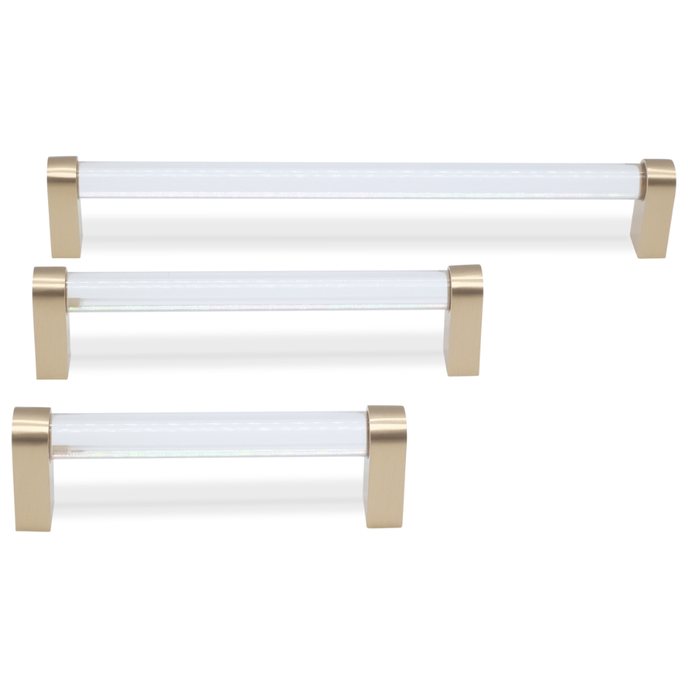 Contemporary clarity pulls with gold and satin brass tones for elegant white, gray, blue, and teal cabinets