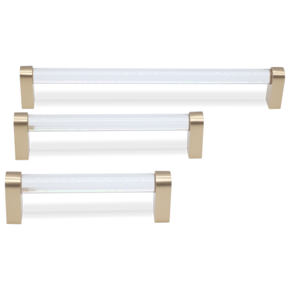 Contemporary clarity pulls with gold and satin brass tones for elegant white, gray, blue, and teal cabinets