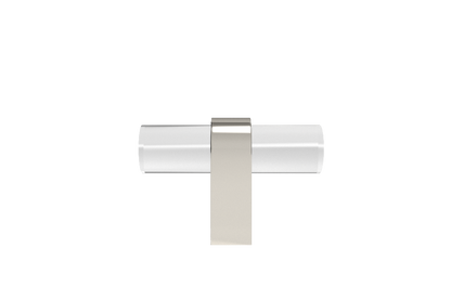 Clarity T-Knob in polished nickel with clear acrylic, modern knobs for kitchens, bathrooms, and built-ins