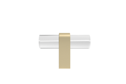 Clarity T-Knob in satin brass with clear acrylic, modern knobs for kitchens, bathrooms, and built-ins