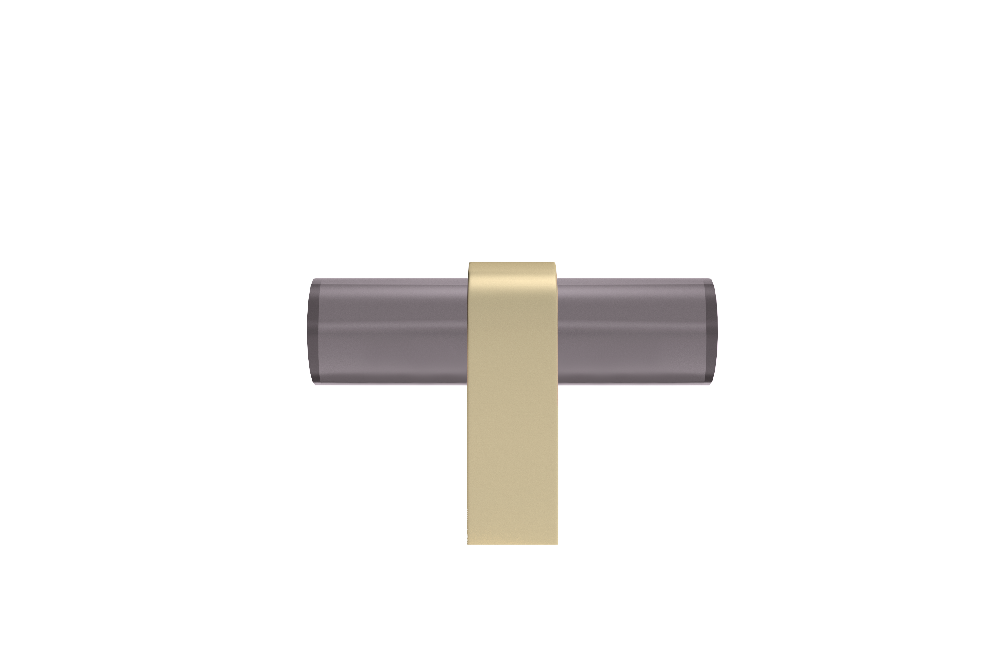 Clarity T-Knob in satin brass with smoke acrylic, modern knobs for kitchens, bathrooms, and built-ins