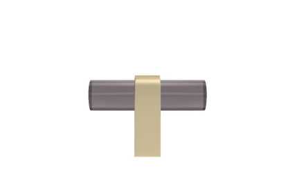 Clarity T-Knob in satin brass with smoke acrylic, modern knobs for kitchens, bathrooms, and built-ins
