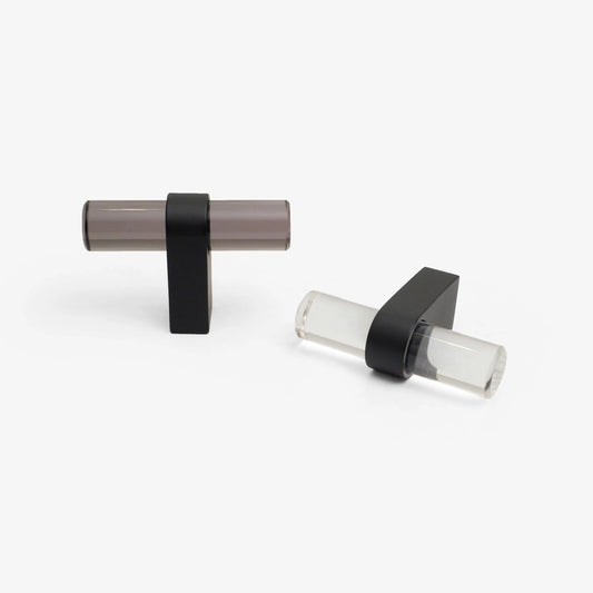 Clarity T-Knob in matte black and acrylic modern cabinet hardware for kitchens and bathrooms