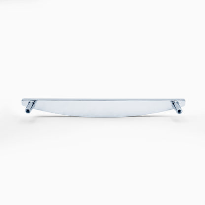 Half moon appliance pull in polished chrome with modern geometry for bathroom drawers
