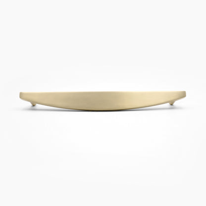 Half moon appliance pull in satin brass with contemporary curves and finishes