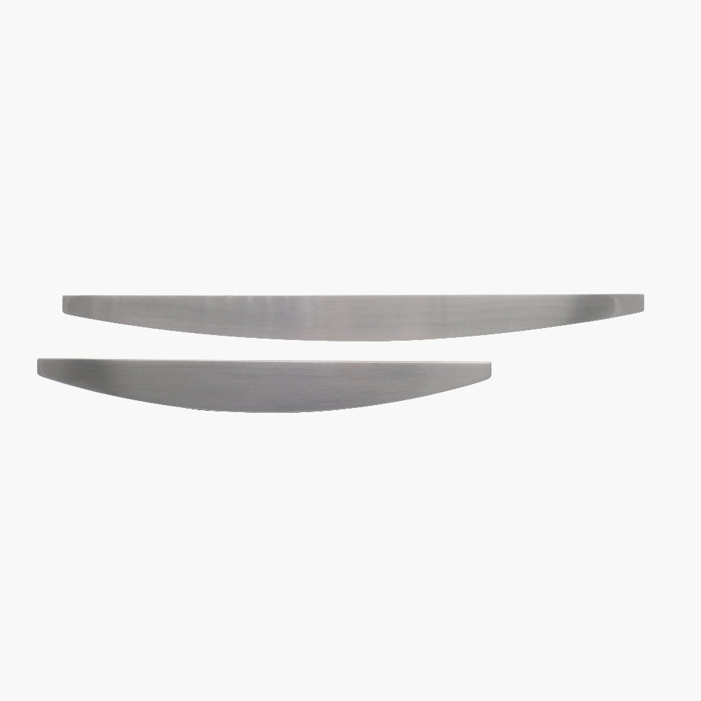 Design cabinets with modern half moon appliance pull in satin nickel with subtle curves and shape