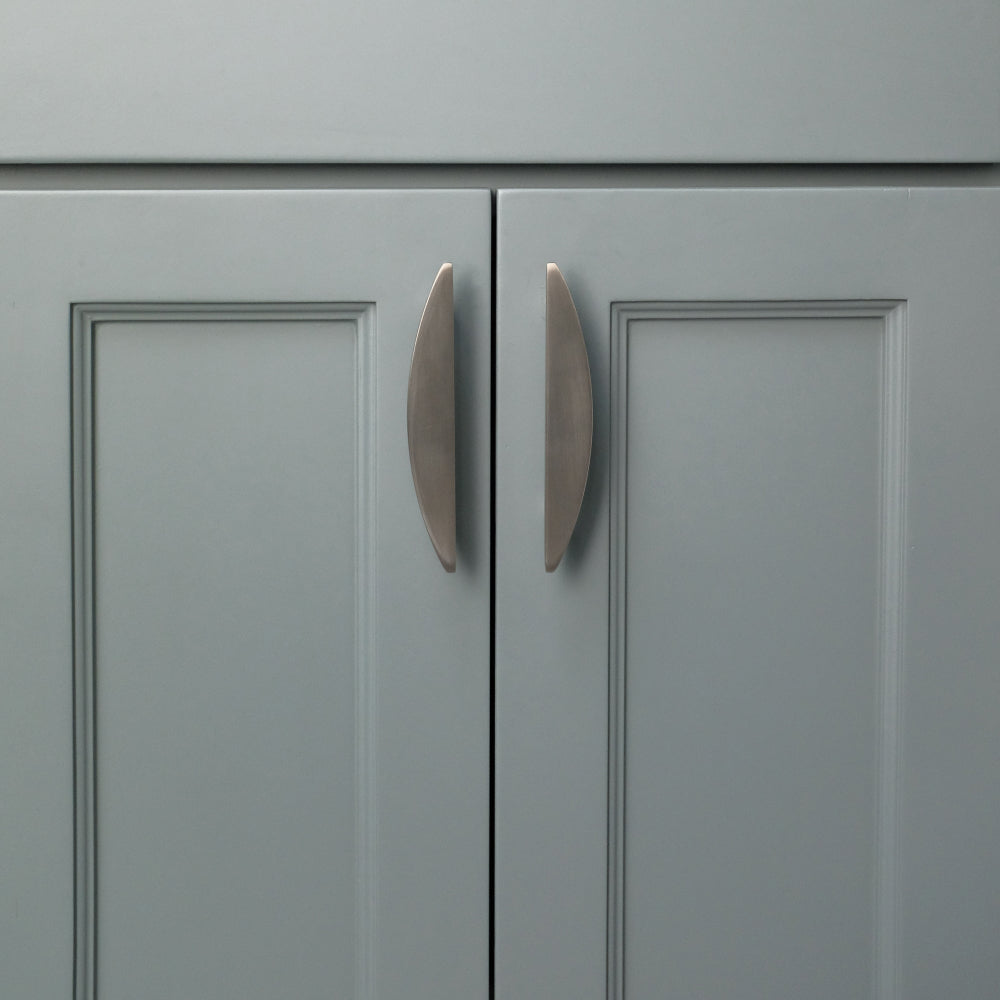 Modern cabinets with half moon pull in satin nickel with rounded design