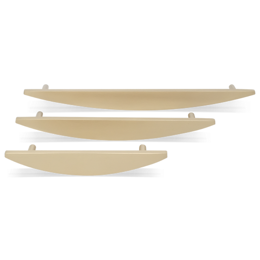 Half moon pull in satin brass with a rounded feature for modern spaces