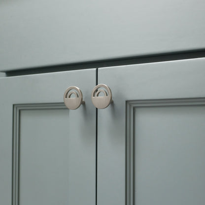 Horizon knobs in satin nickel on gray modern cabinet doors