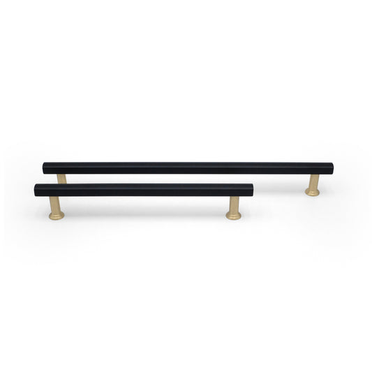 Modern mod appliance pulls for kitchen appliances and doors in matte black and satin brass