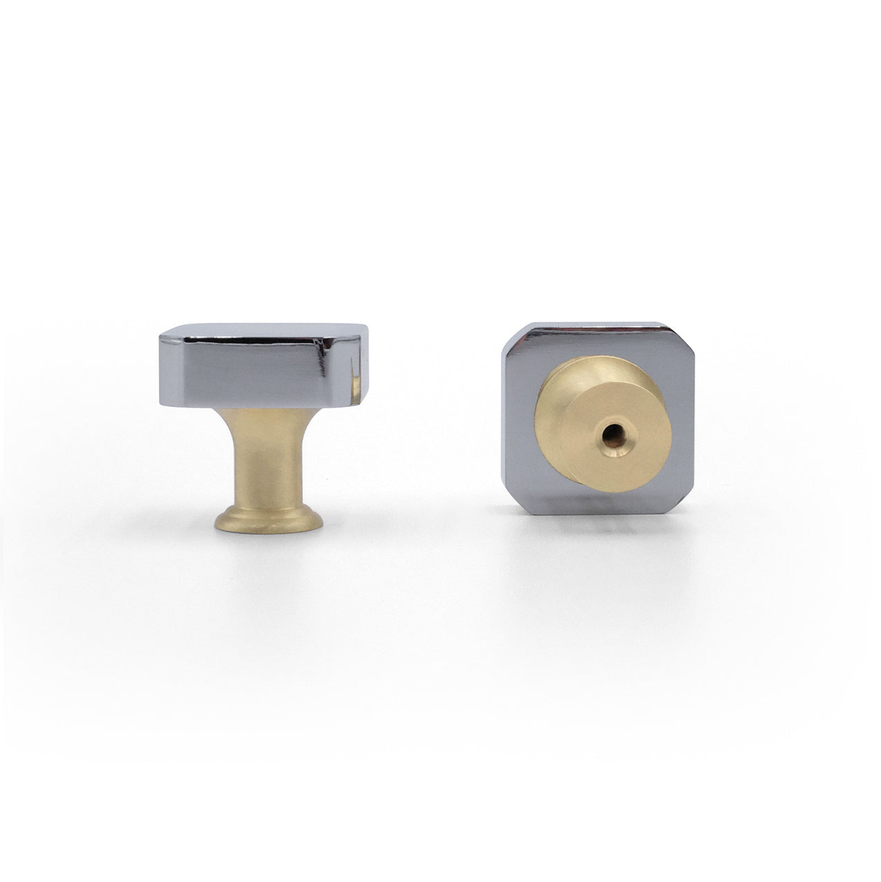 Side profile of mod knob in polished chrome and satin brass for doors and drawers