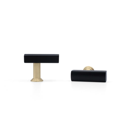 Mod t-knob in matte black and satin brass - modern two-tone design handle