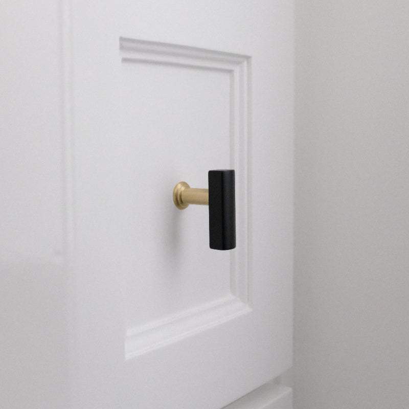 Mod t-knob in matte black and satin brass - contemporary two-tone solid brass handle