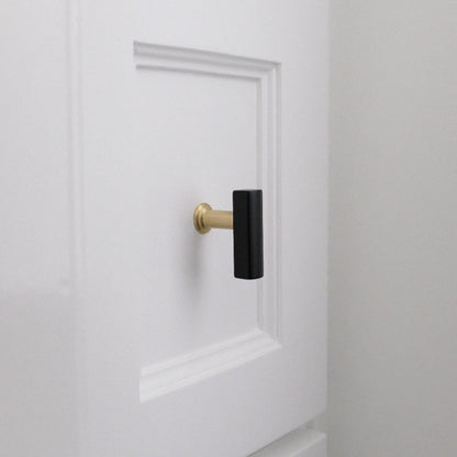 Mod t-knob in matte black and satin brass - contemporary two-tone solid brass handle