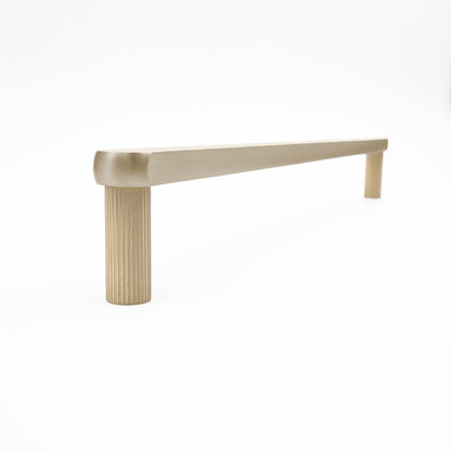Industrial modern ribbed appliance pull in satin brass with etched stems